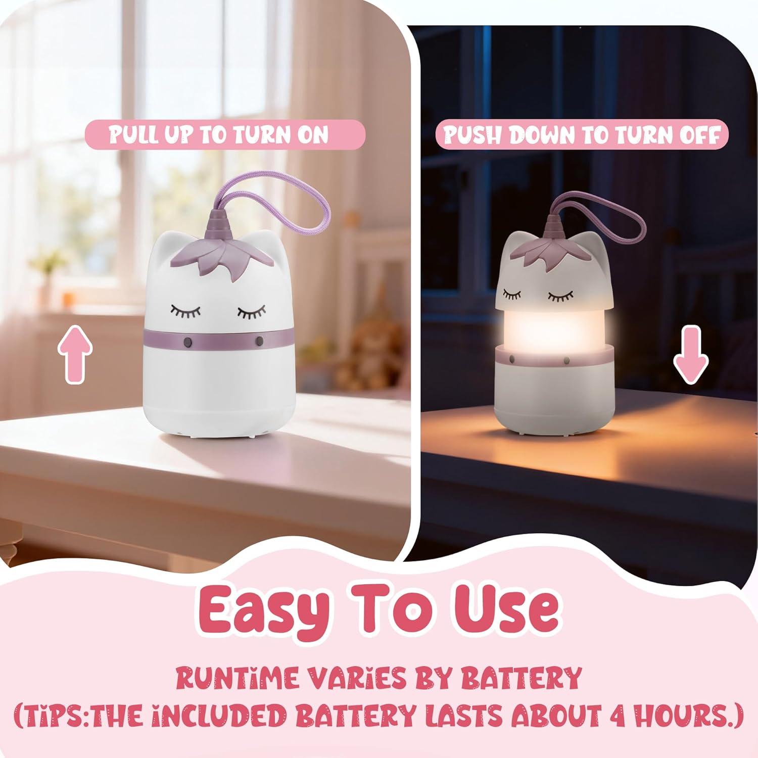 Unicorn kids lantern with lanyard; pull to turn on, push to turn off, warm light