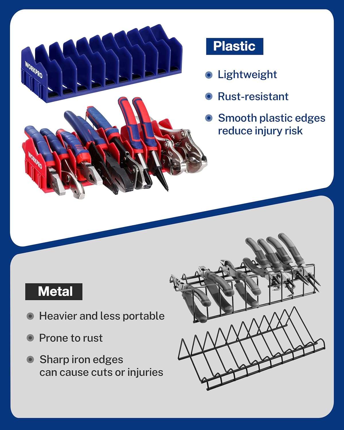 Plastic tool organizer rack for light, rust-resistant storage with smooth edges