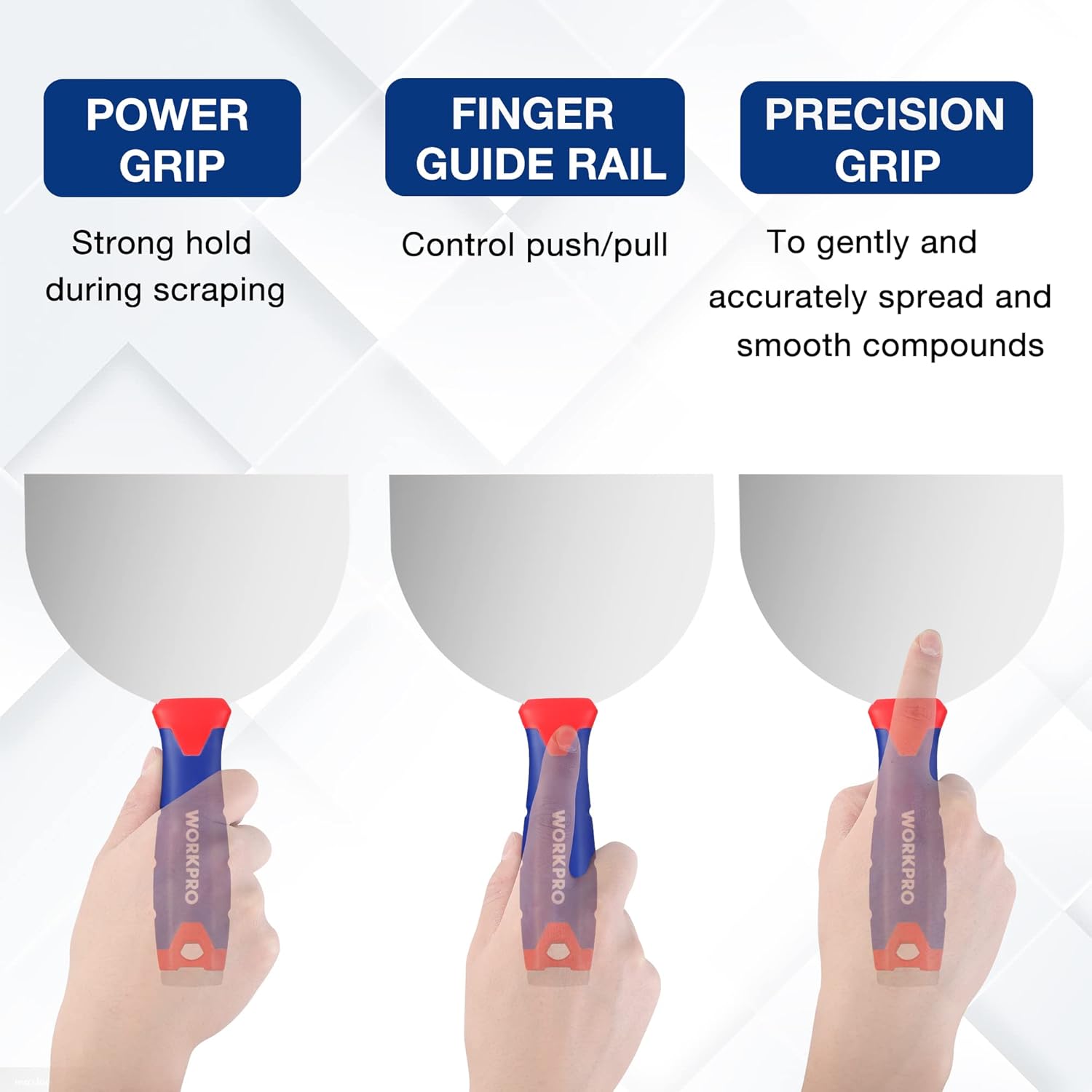 Drywall taping knives with blue handles and red grips for controlled smoothing