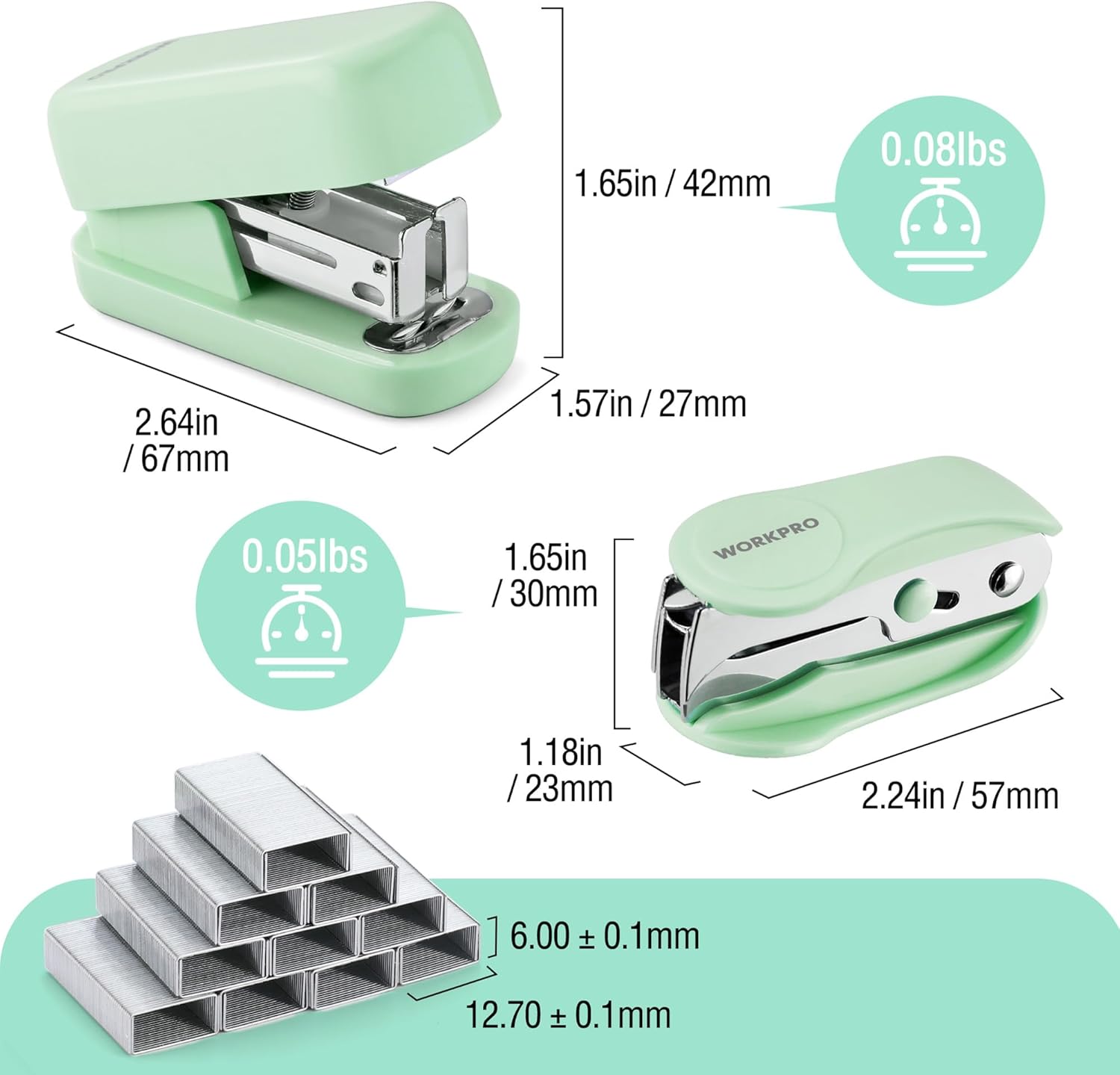 Green mini stapler size view with metal base and included staples shown nearby