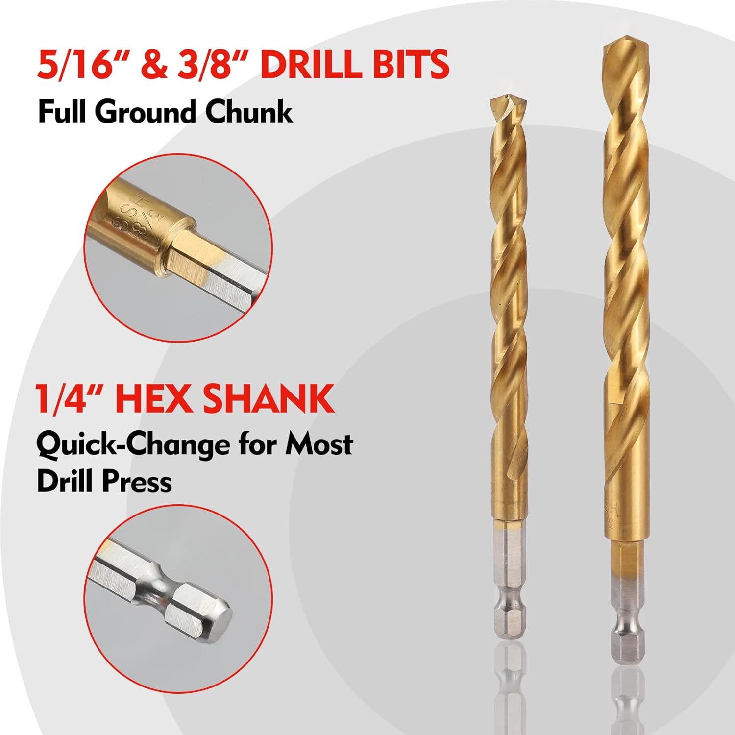 Gold twist drill bit pair with spiral flutes and silver hex shanks