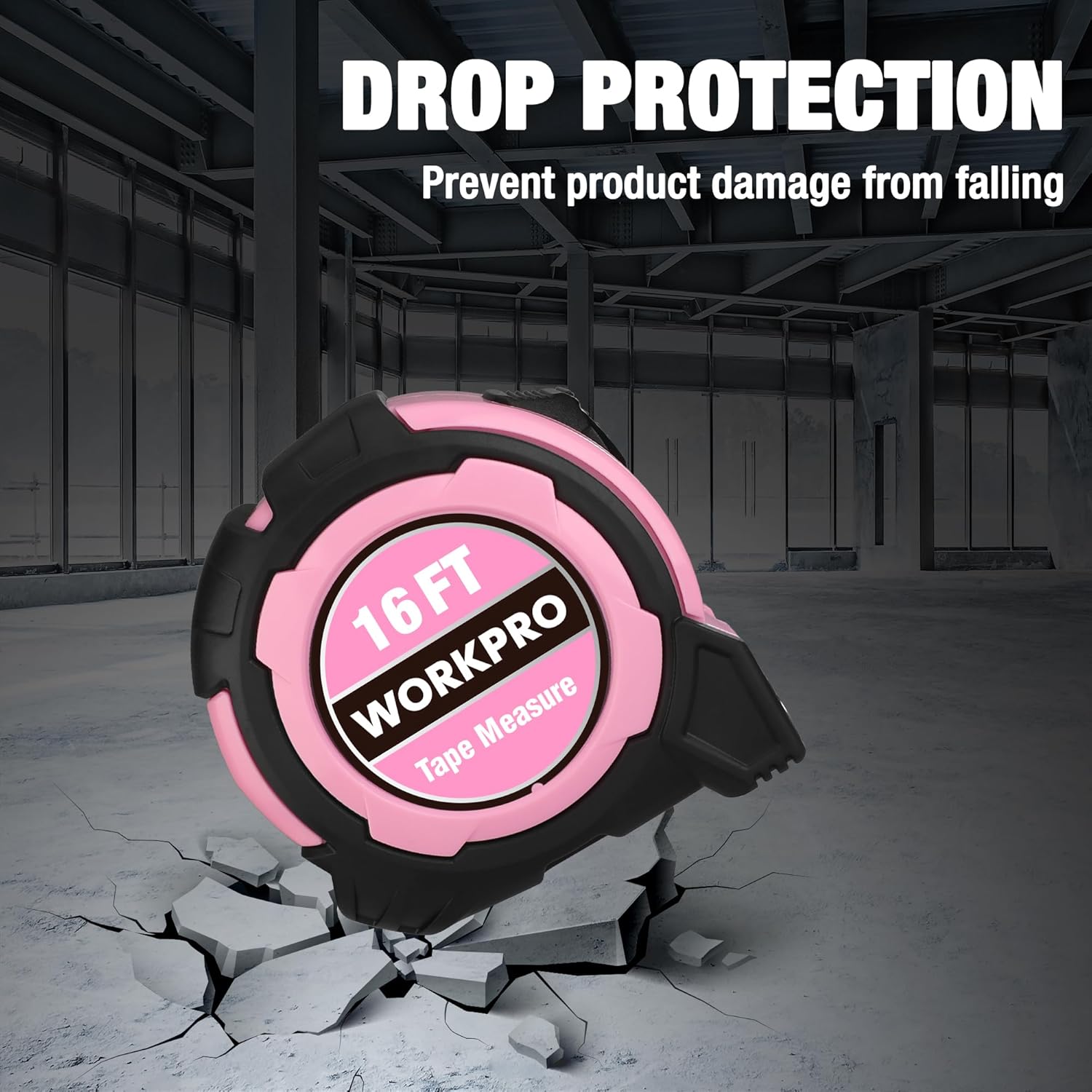 Pink WORKPRO 16FT tape measure with drop-protection housing and black impact rim