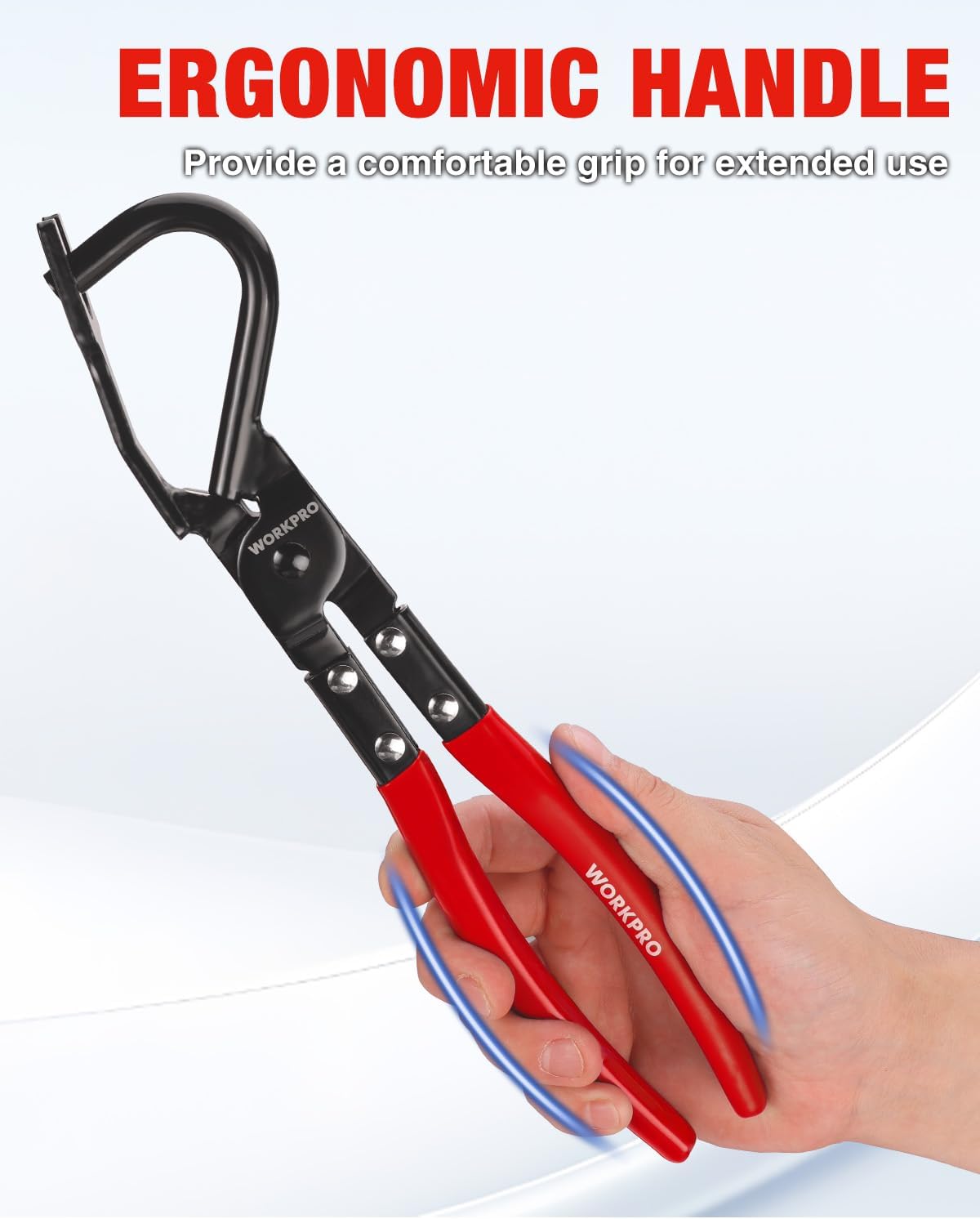 Ergonomic red and black exhaust hanger removal pliers with curved grip handle