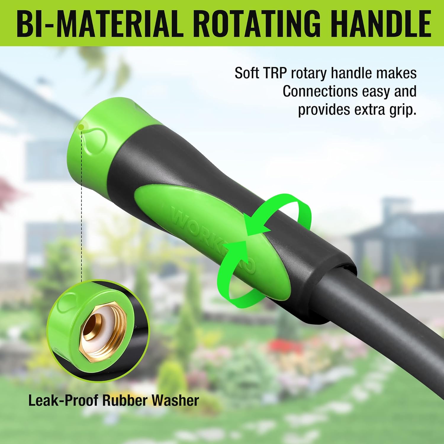 Green-and-black garden hose with rotating TPR handle and brass inlet fitting