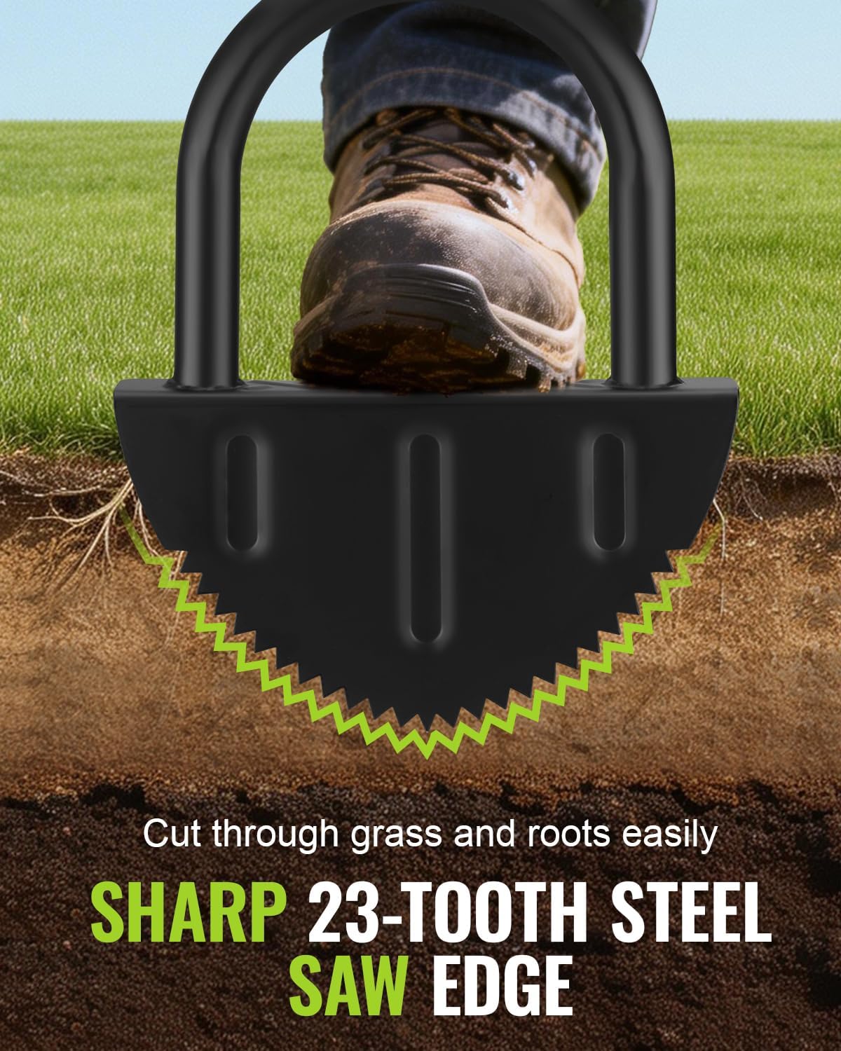 Half-moon lawn edger blade with black footplate and saw teeth for edging