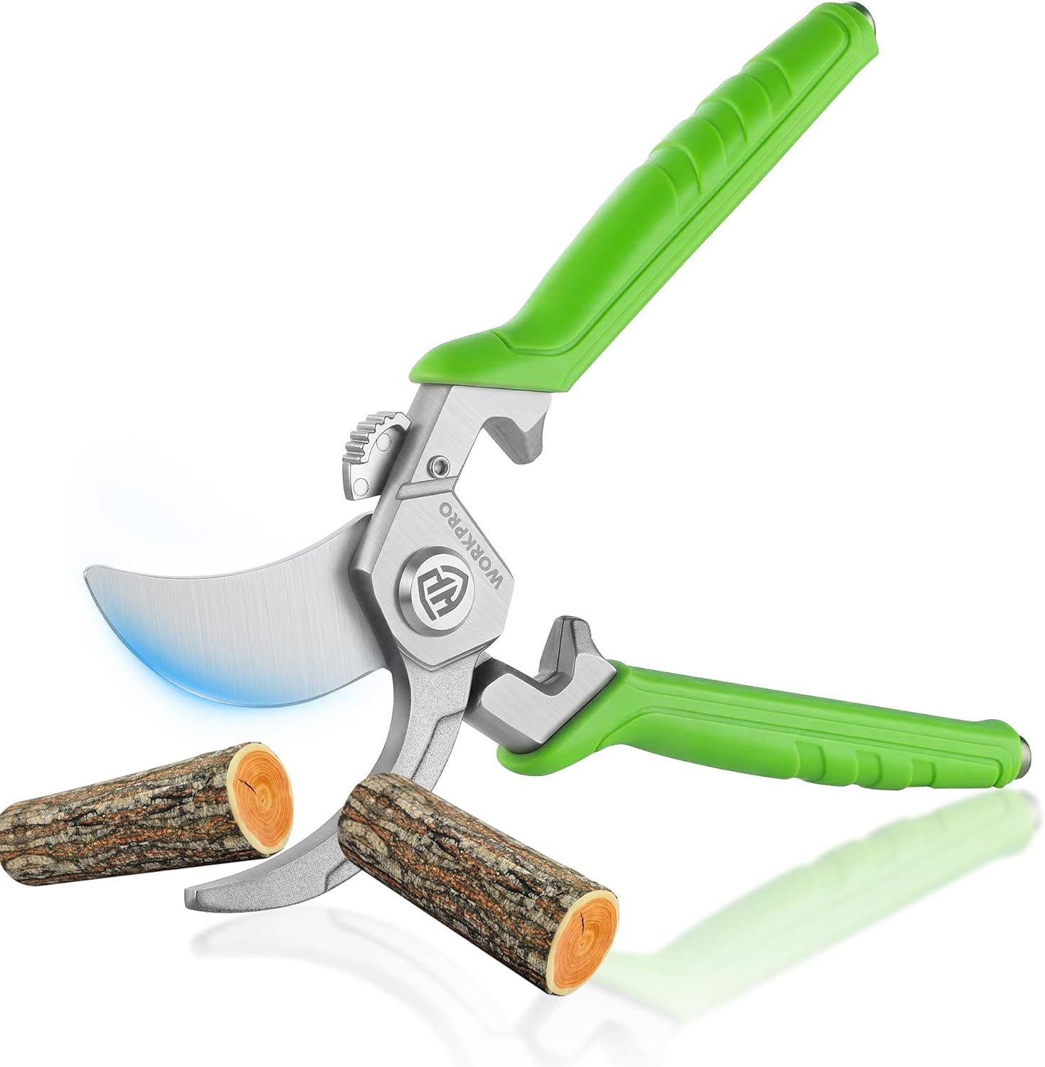Bypass pruning shears with green handles and curved silver blade for cutting branches