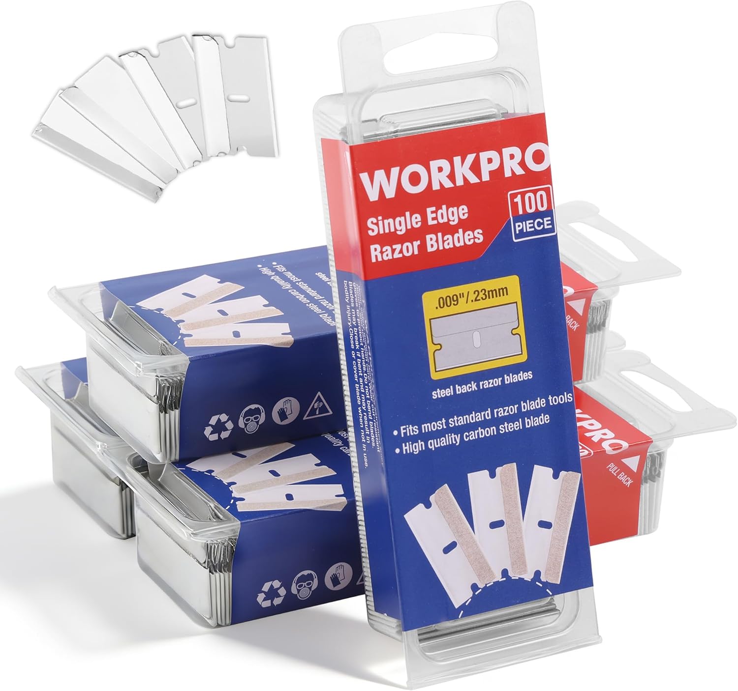 Single-edge razor blade pack and loose blades, high carbon steel, blister packaging set.