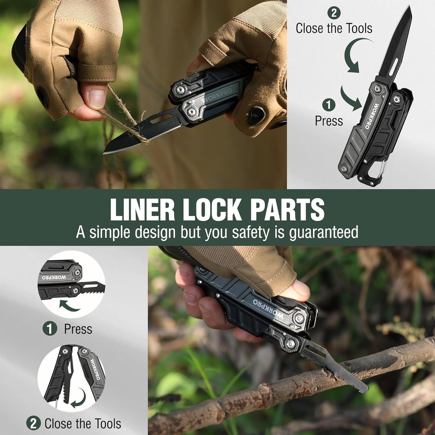 WORKPRO multitool pliers with liner lock, open blades shown near a wooden branch