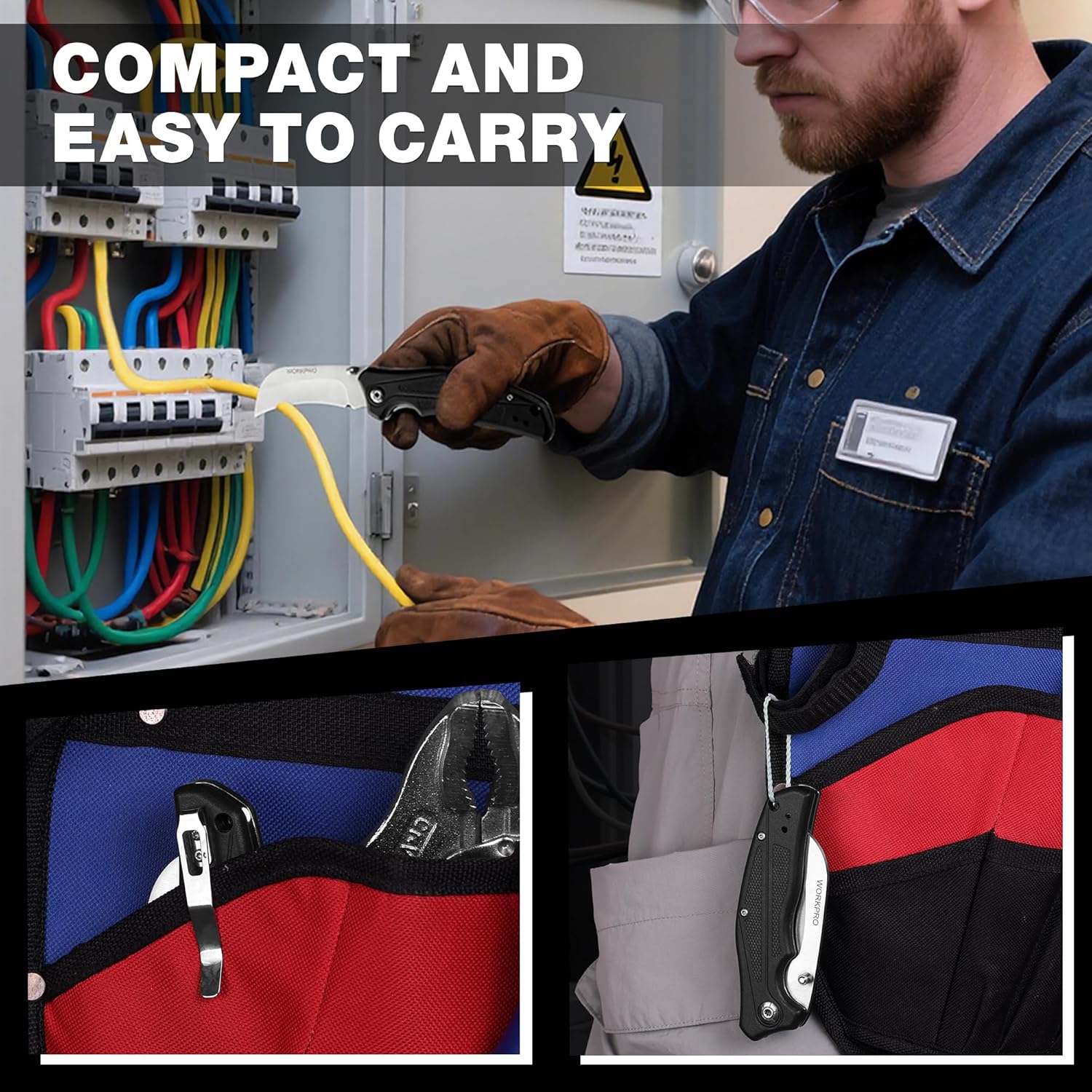 WORKPRO folding utility knife on the job, carried in a tool organizer with belt clip.