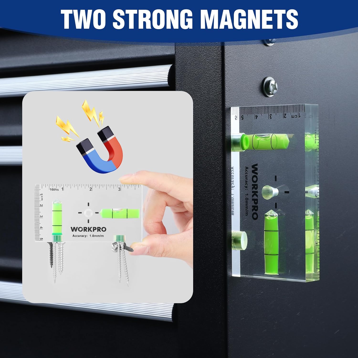 Magnetic pocket level with green vials and inch scale, clamped to a metal rail