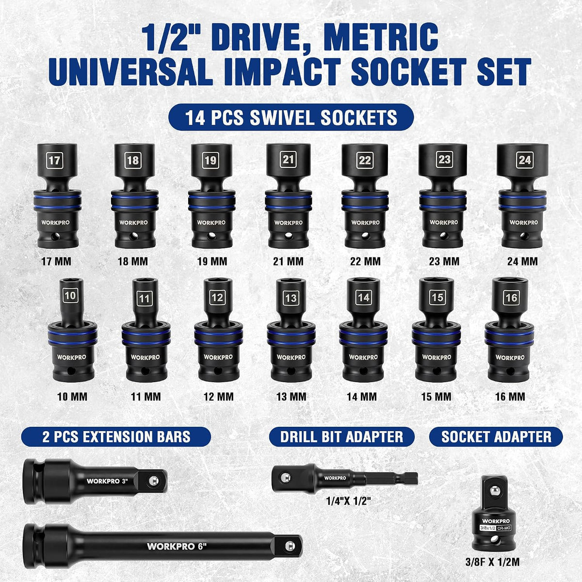 WORKPRO 18-Piece 1/2" Dr. Universal Impact Socket Set, Metric
