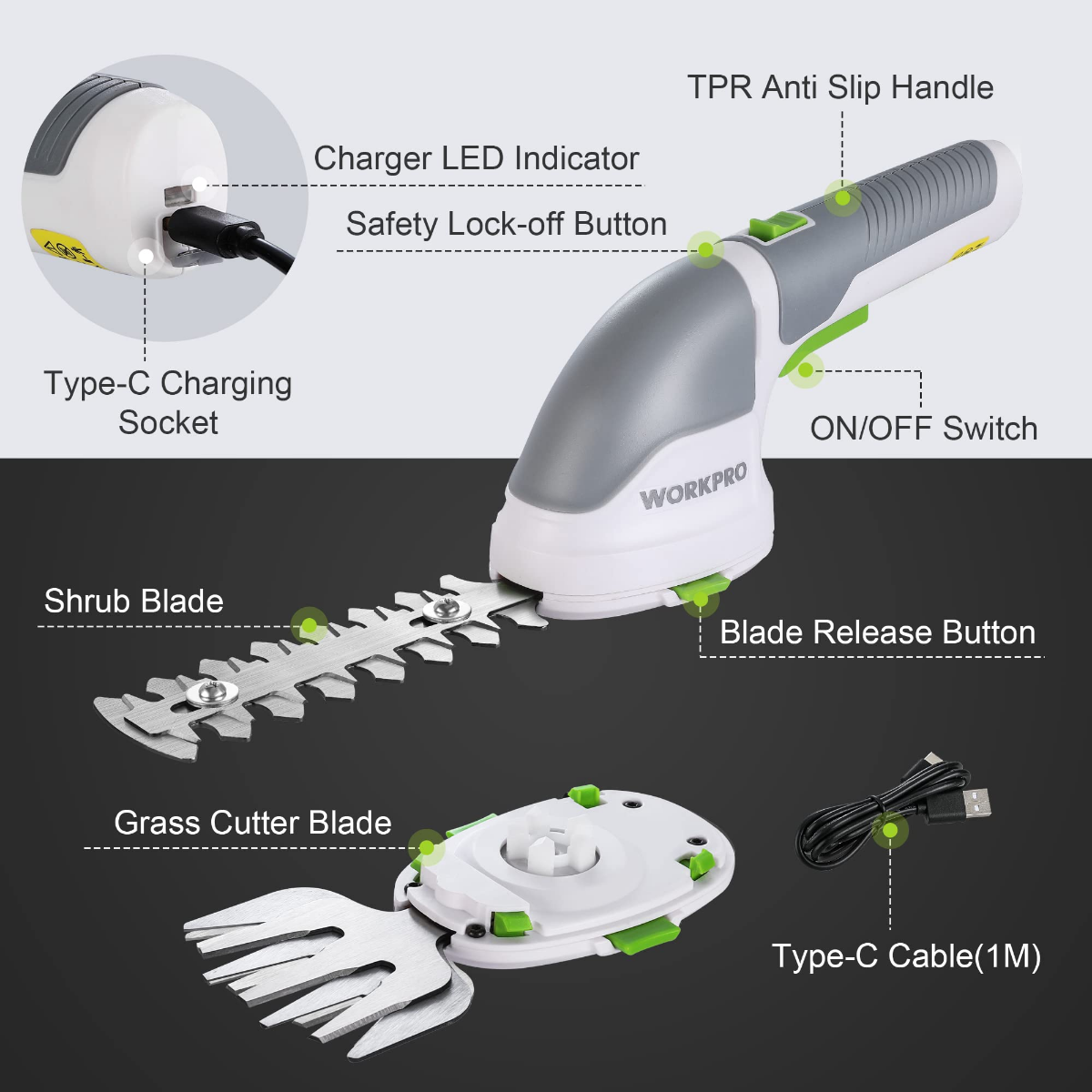 Cordless 2-in-1 shrub and grass trimmer with Type-C charging socket and blade set