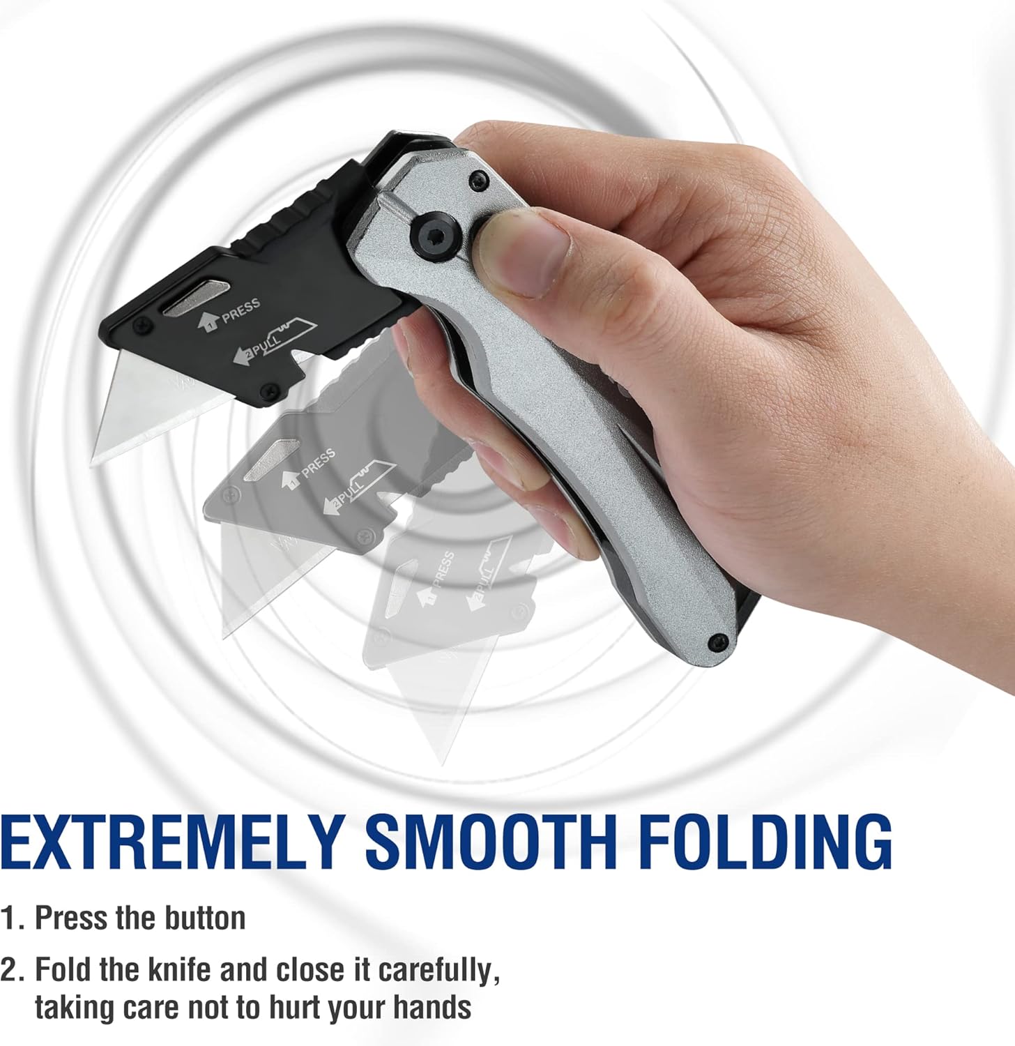 WORKPRO folding utility knife with extended blade held in hand, gray and black