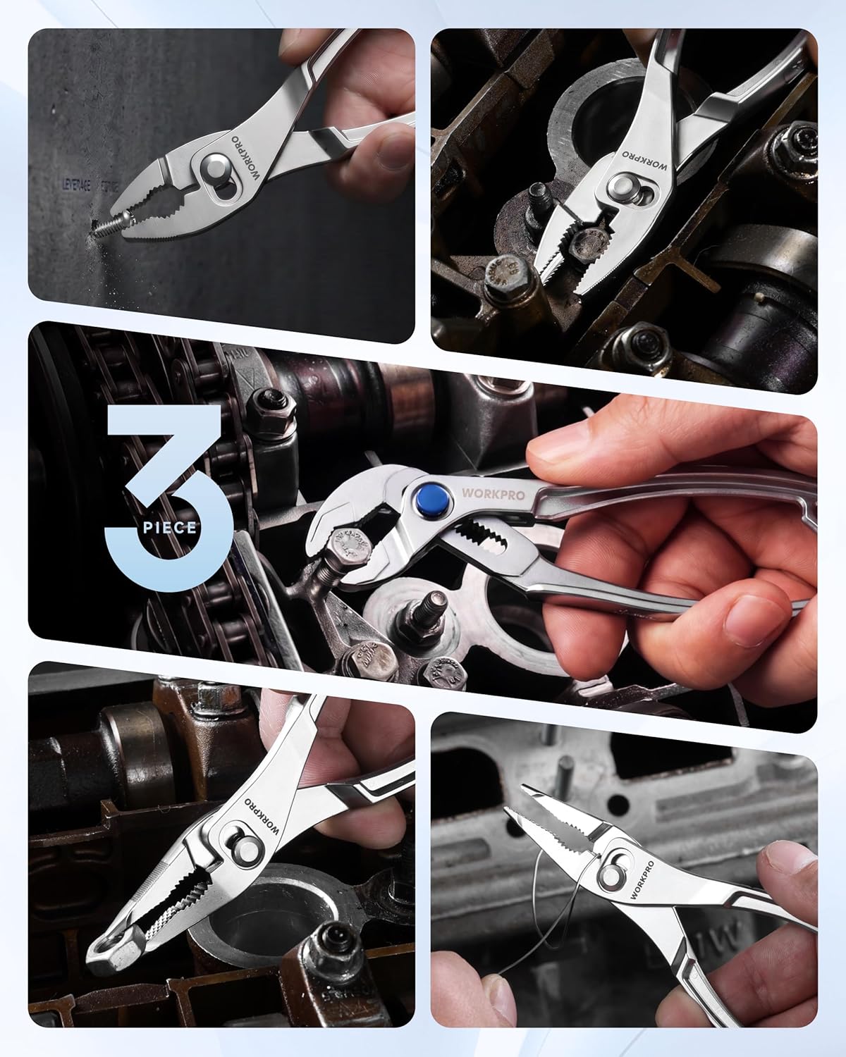 3-piece mini pliers set in use on a tool area, showing compact clamping action