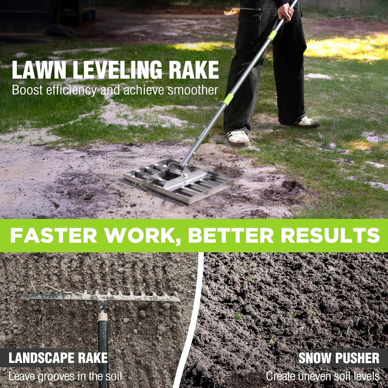 Lawn leveling rake with green handle leveling soil in a yard
