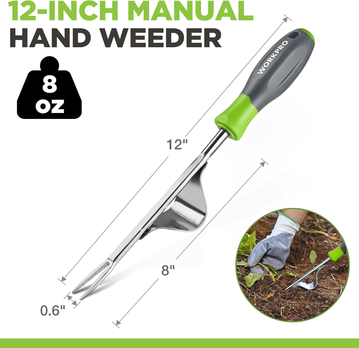 Manual hand weeder with green-and-gray soft grip and V-shaped stainless fork