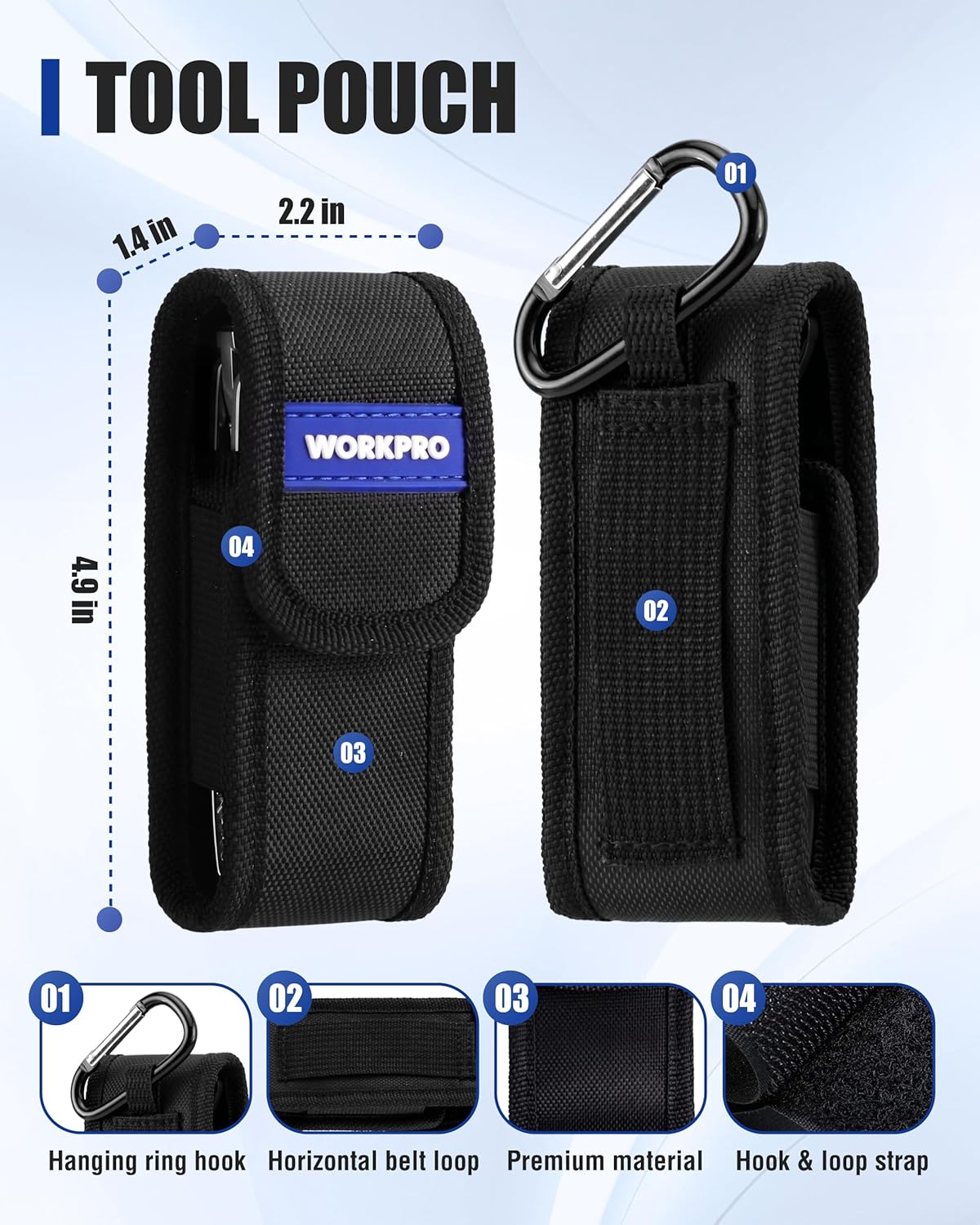 Black nylon tool pouch with hanging ring and belt loops for mini pliers