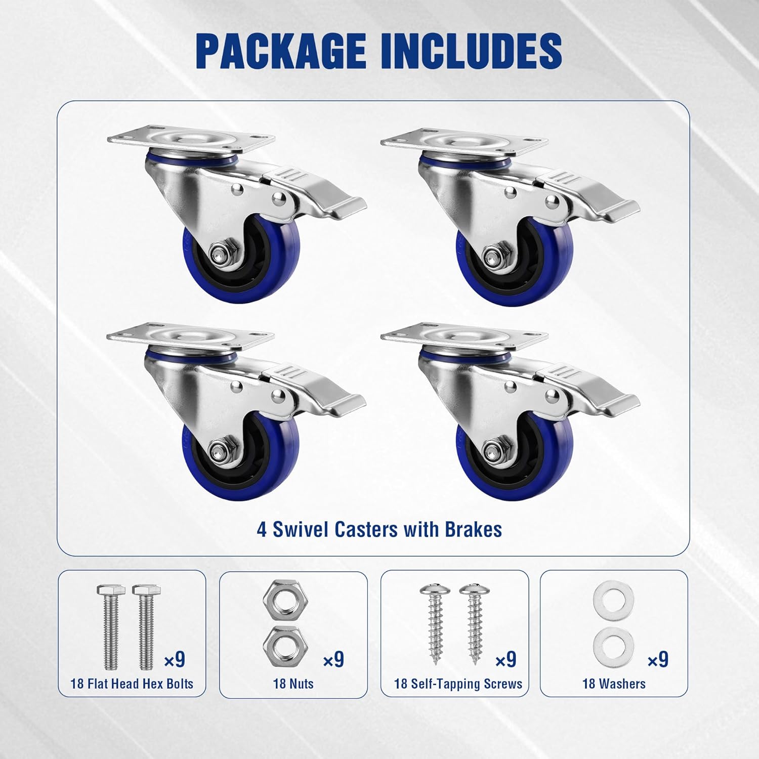 Set of four swivel casters with blue wheels and brakes, plus bolts, nuts, screws, and washers
