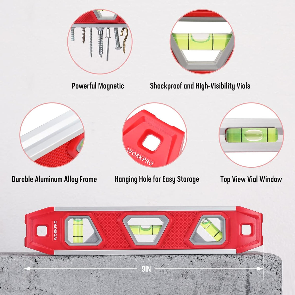 Red torpedo level with aluminum frame, three high-visibility vials and top view window.
