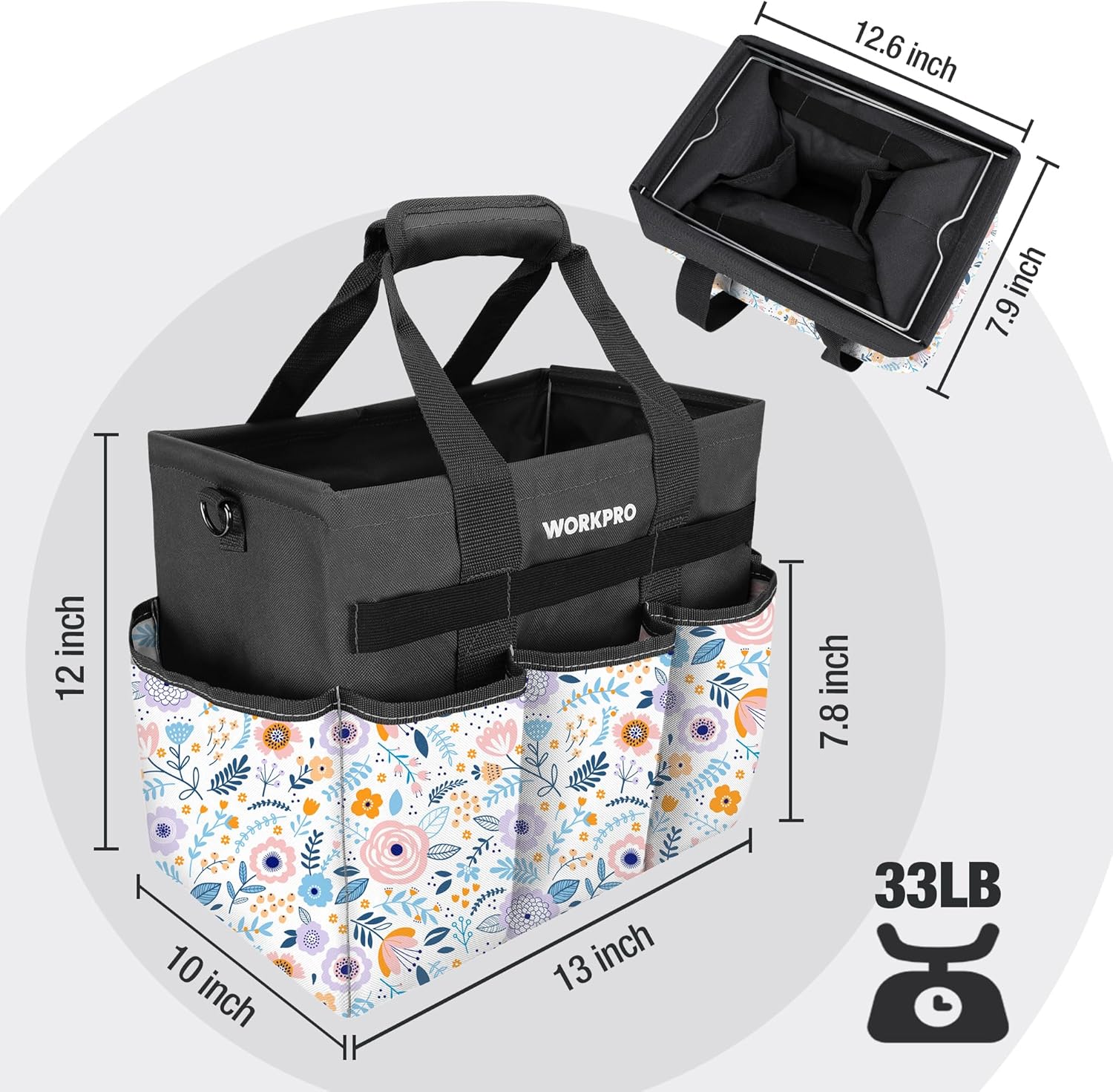 Gardening tool tote bag with floral white panels and black top, multiple exterior pockets.
