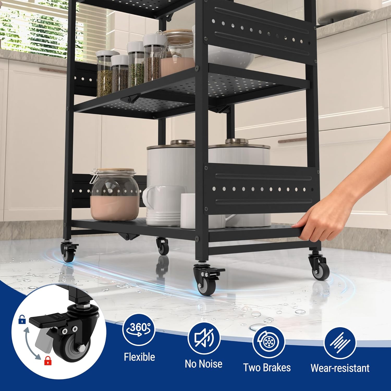 Black metal 5-tier rolling shelf rack with perforated shelves and four swivel casters