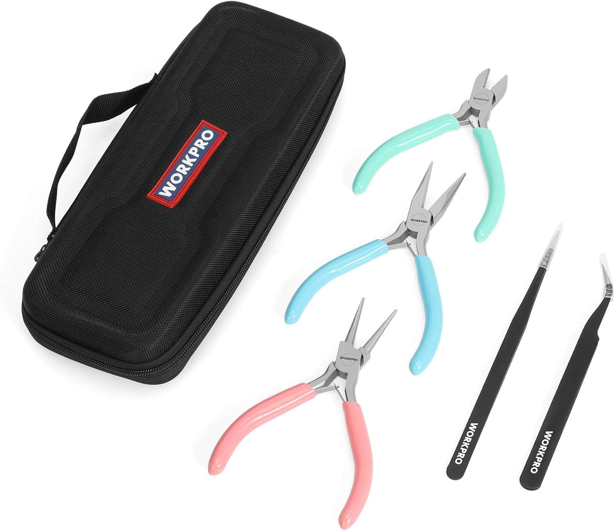 Jewelry pliers kit with black fabric case, teal and pink-handled pliers and tweezers
