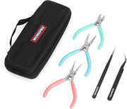 Jewelry pliers kit with black fabric case, teal and pink-handled pliers and tweezers