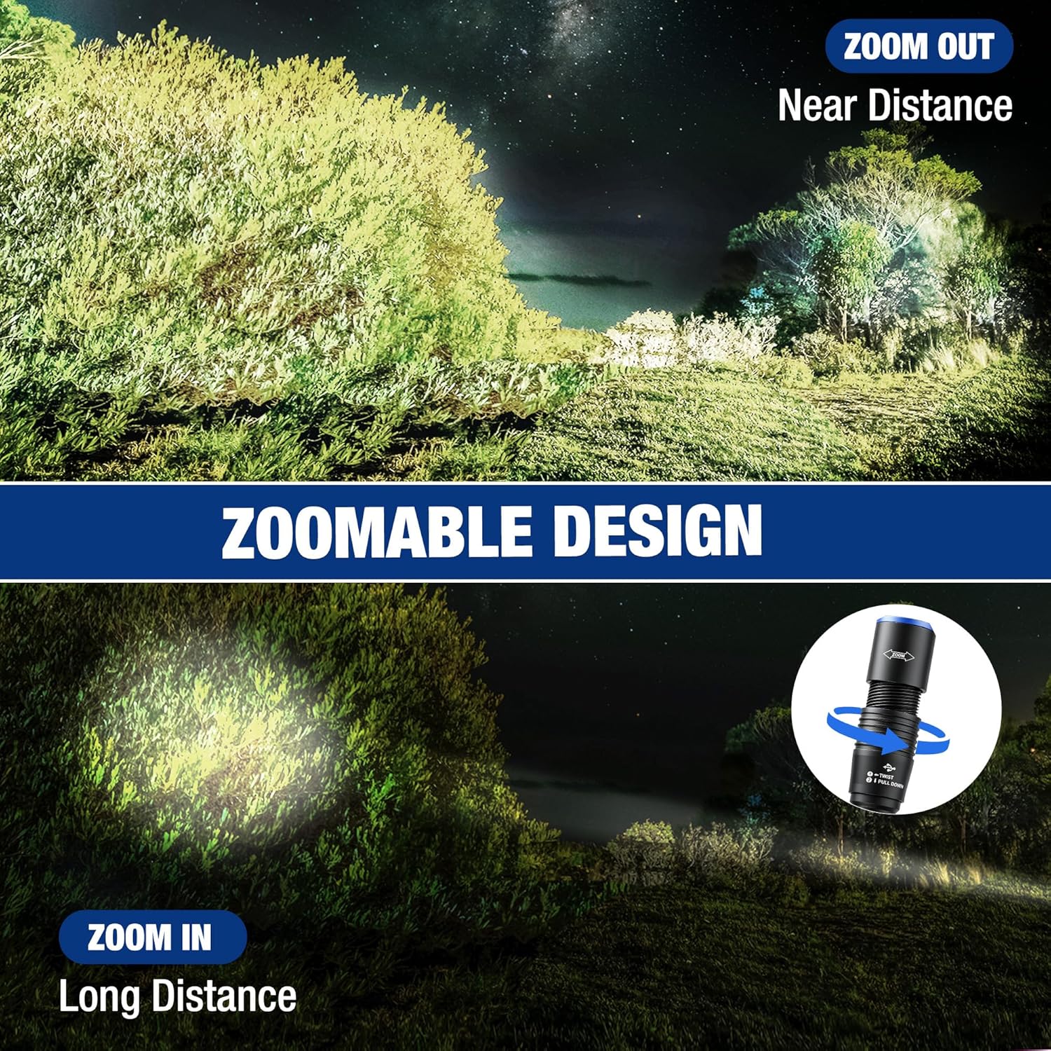 Zoomable black WORKPRO UV pen flashlight with focused beam and blue accent ring