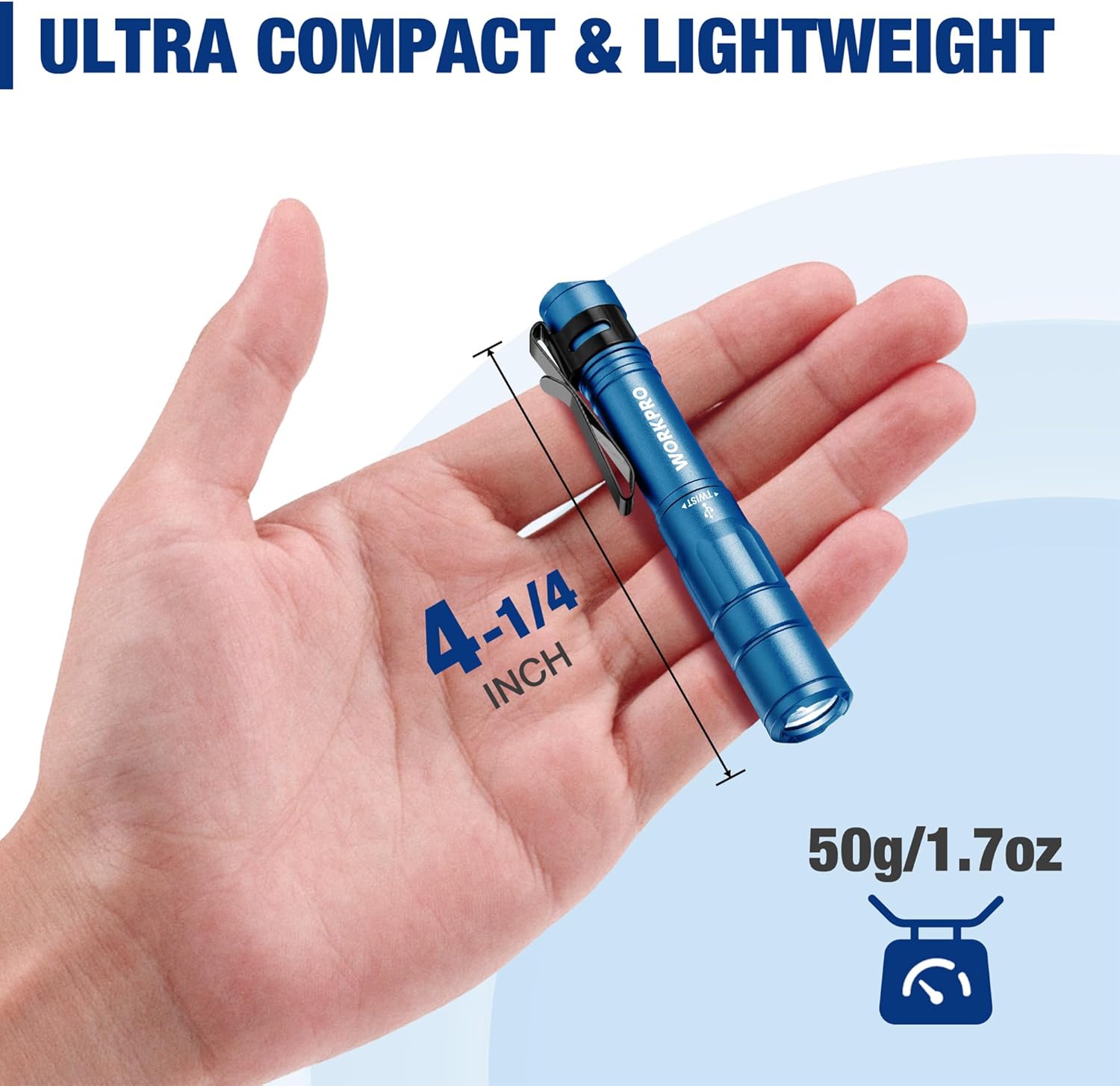 Blue mini pen light held in hand, compact body with pocket clip.