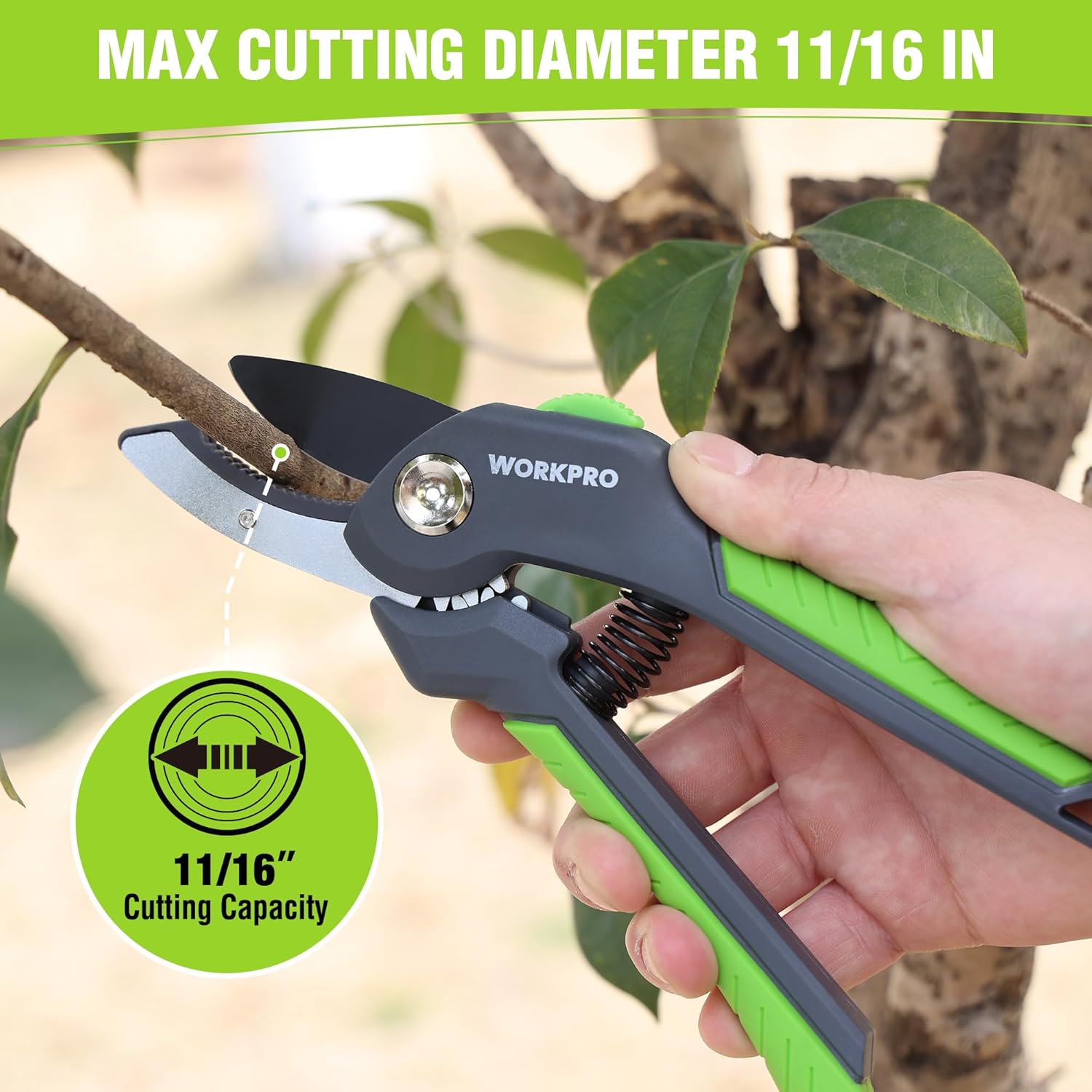 WORKPRO anvil pruning shear with green-and-black ergonomic handles for thick branch trimming