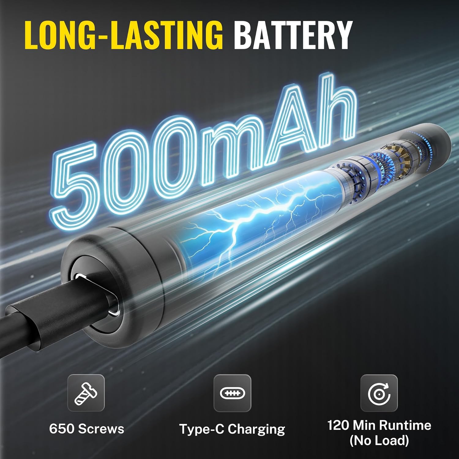 Rechargeable mini screwdriver showing long-lasting 500mAh battery design graphic