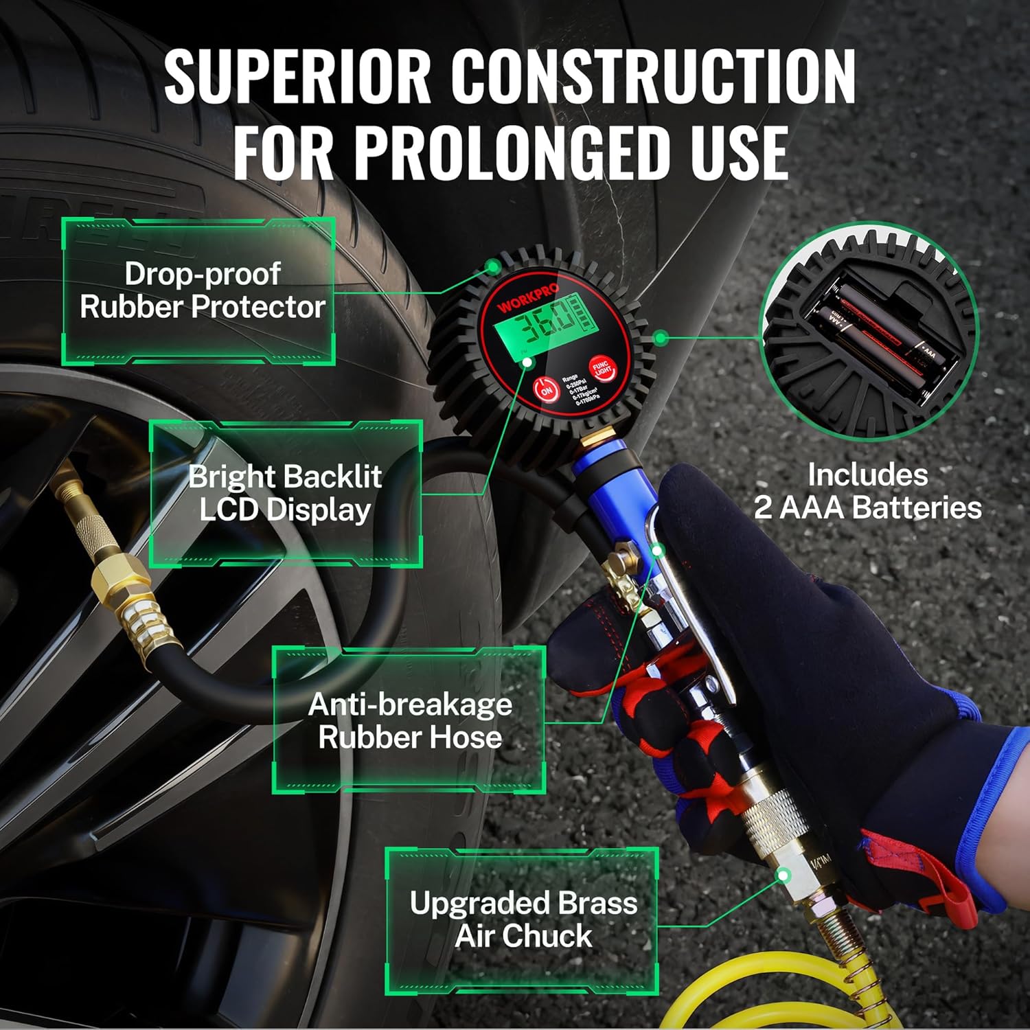Digital tire pressure gauge with rubber hose, drop-proof protector, and brass chuck