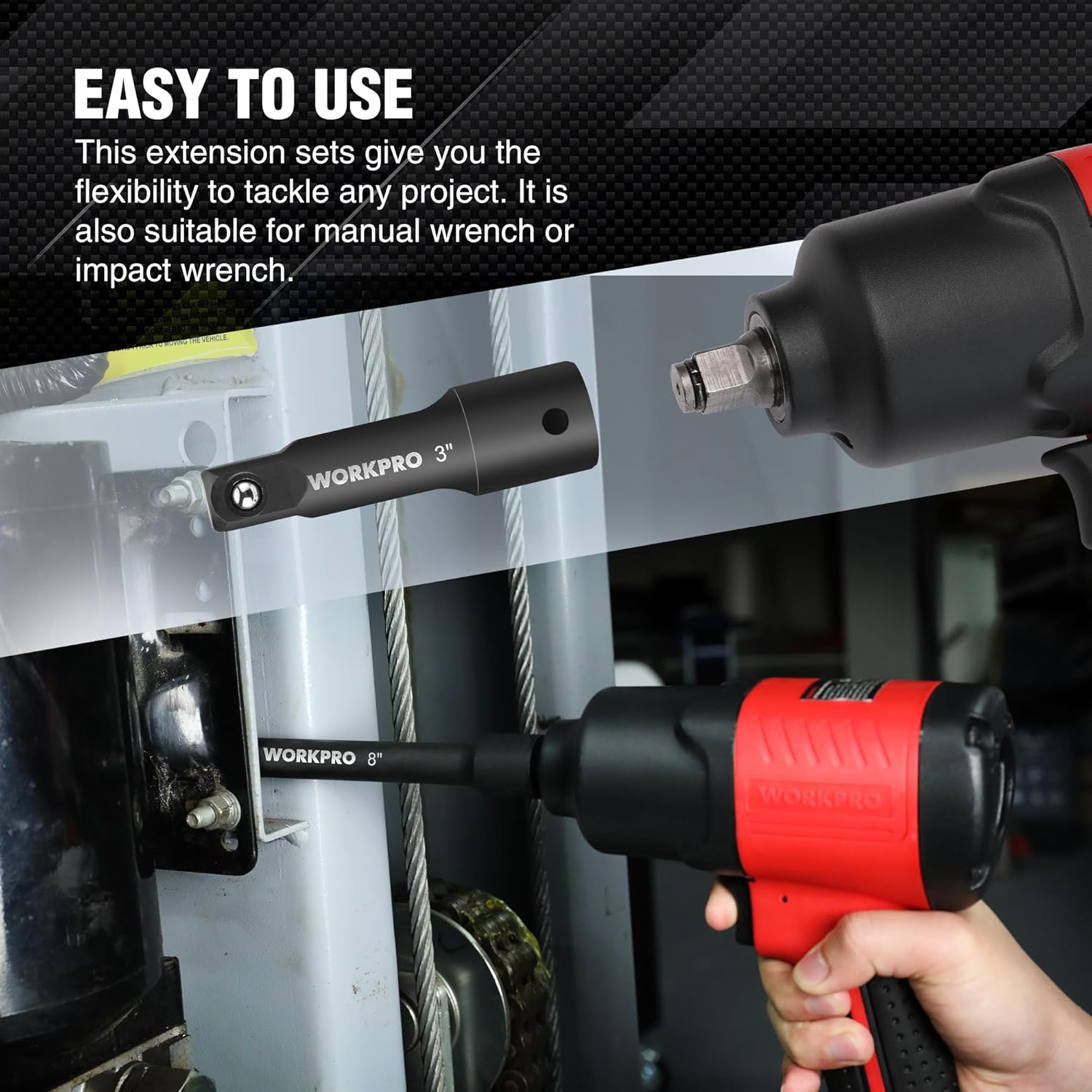 WORKPRO 1/2-in drive impact extension bar set, black, shown with socket on wrench