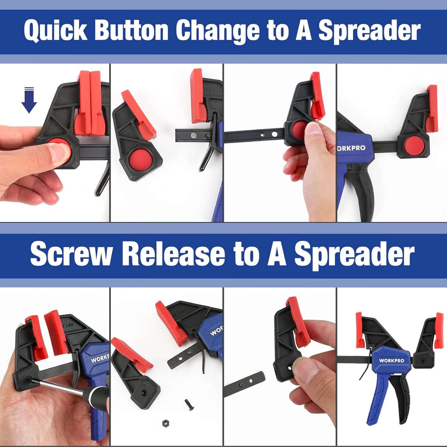 WORKPRO one-handed clamp with quick-change release turning into spreader