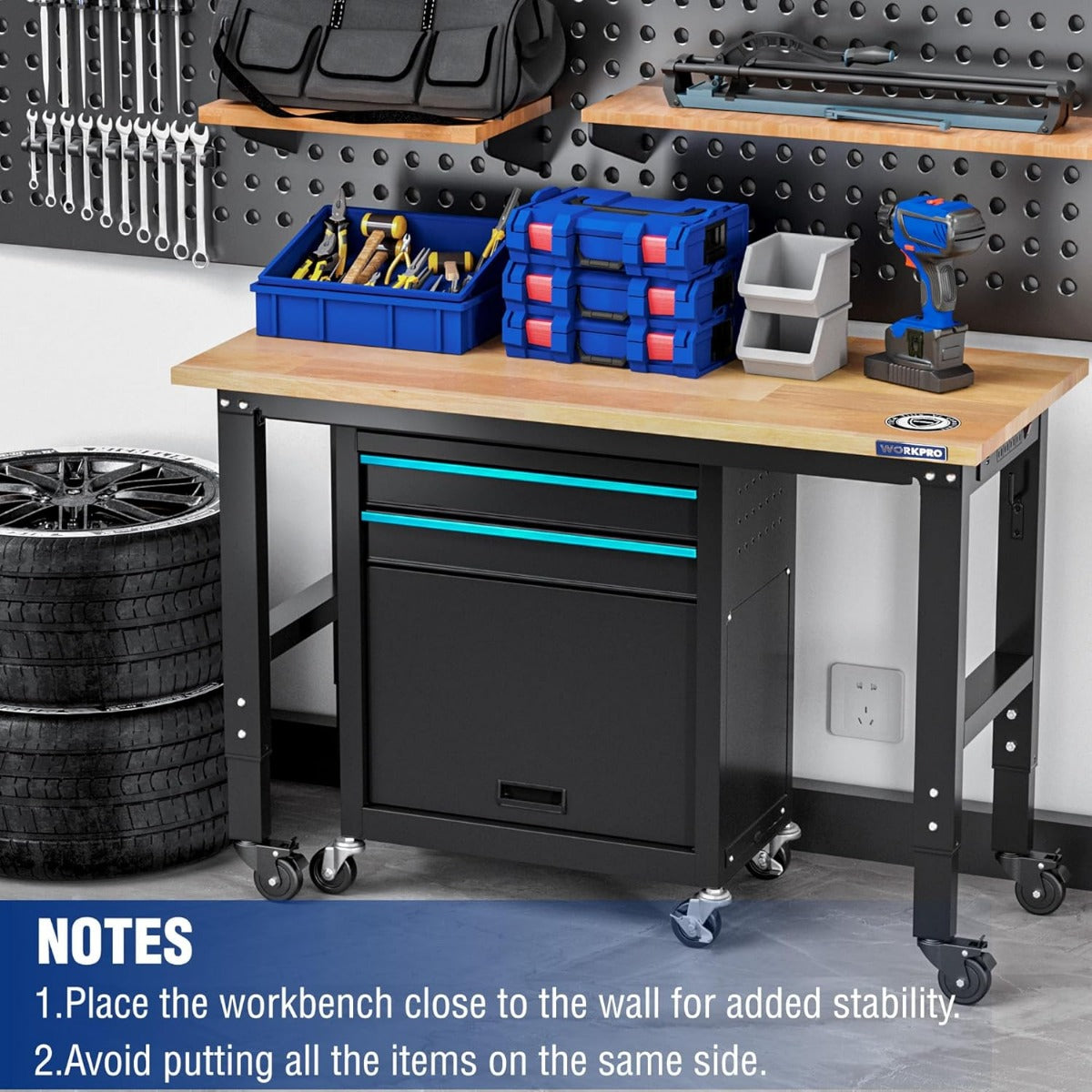 Rubber wood topped workbench with tool bins, pegboard back, and side power outlets