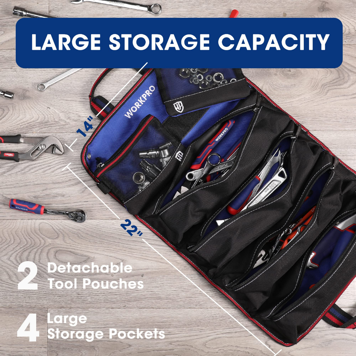 Open black tool roll organizer with multiple storage pockets and two detachable tool pouches