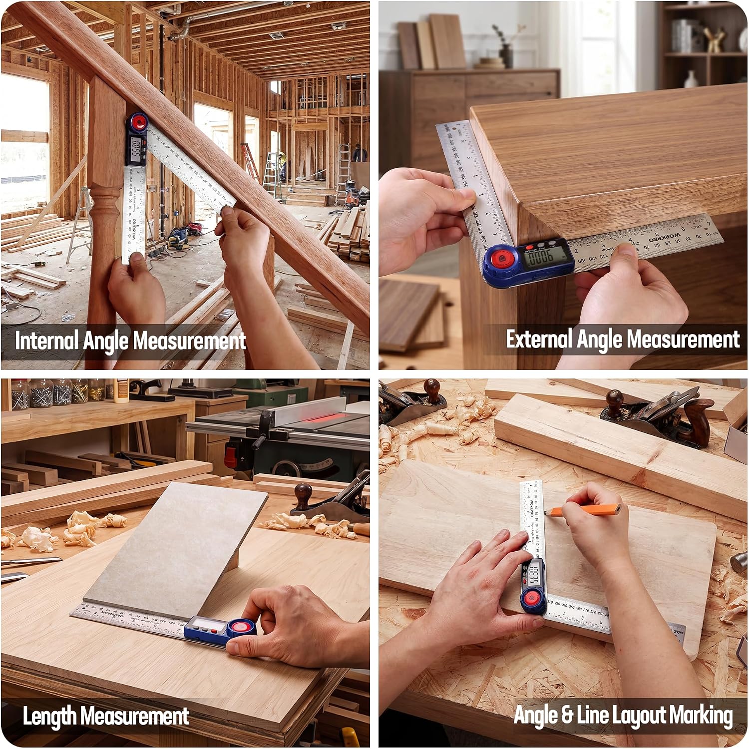 Digital angle finder used to measure internal and external angles on wood