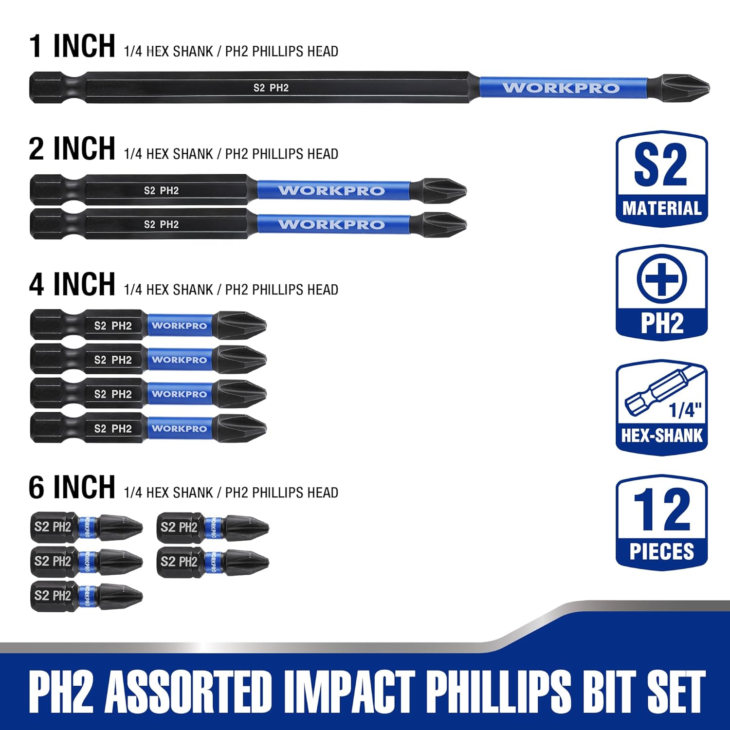 WORKPRO PH2 Phillips impact bits, 1/4 in hex shank lengths shown: 1, 2, 4, 6 in