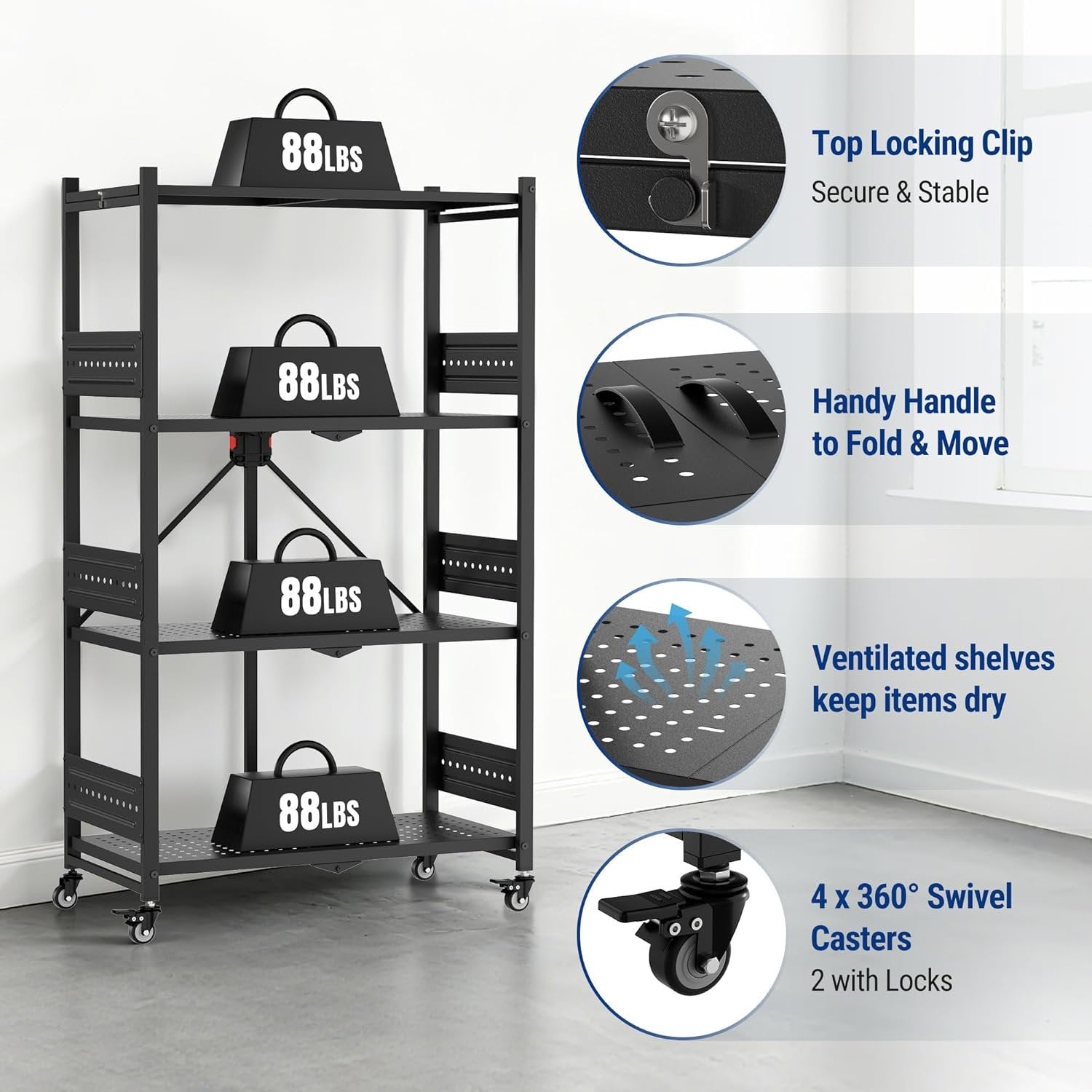Black 4-tier metal storage rack with perforated shelves and swivel locking casters