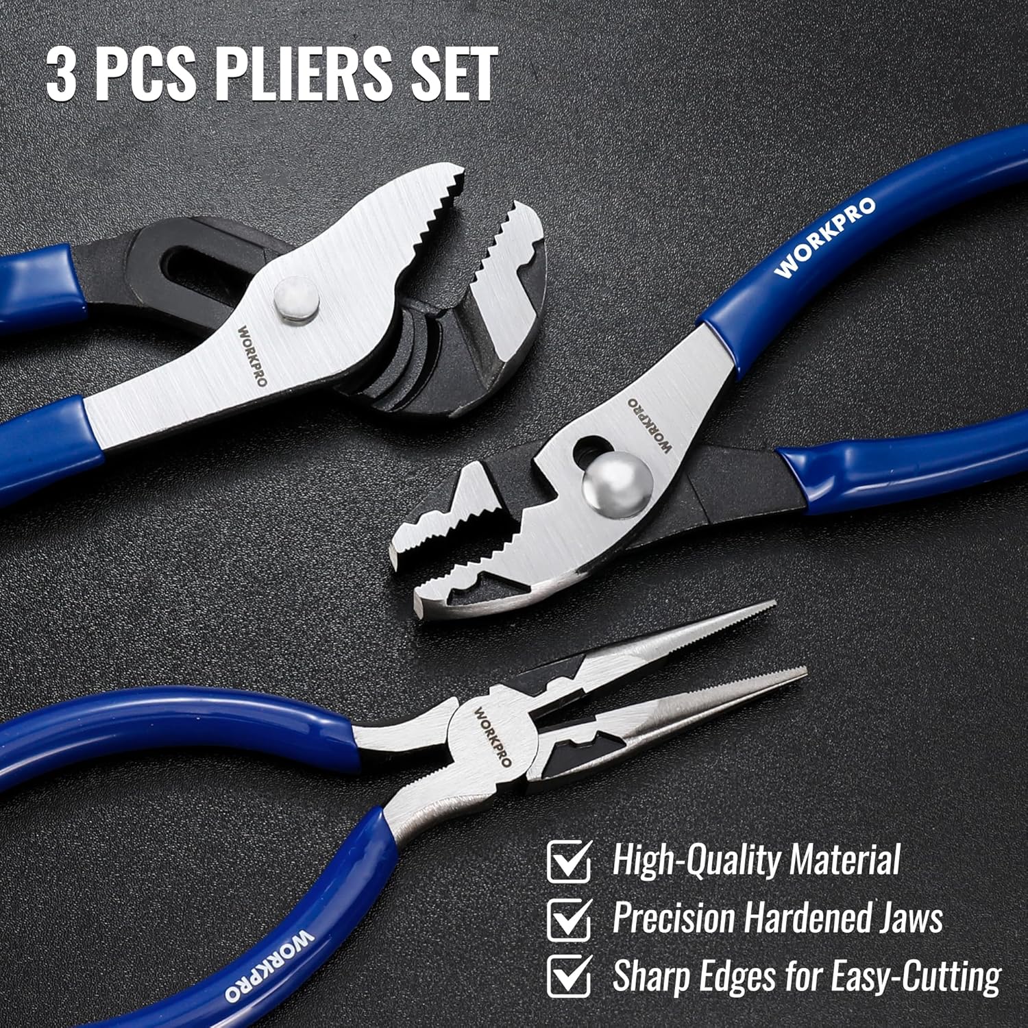 3-piece pliers set with blue soft handles and hardened serrated jaws