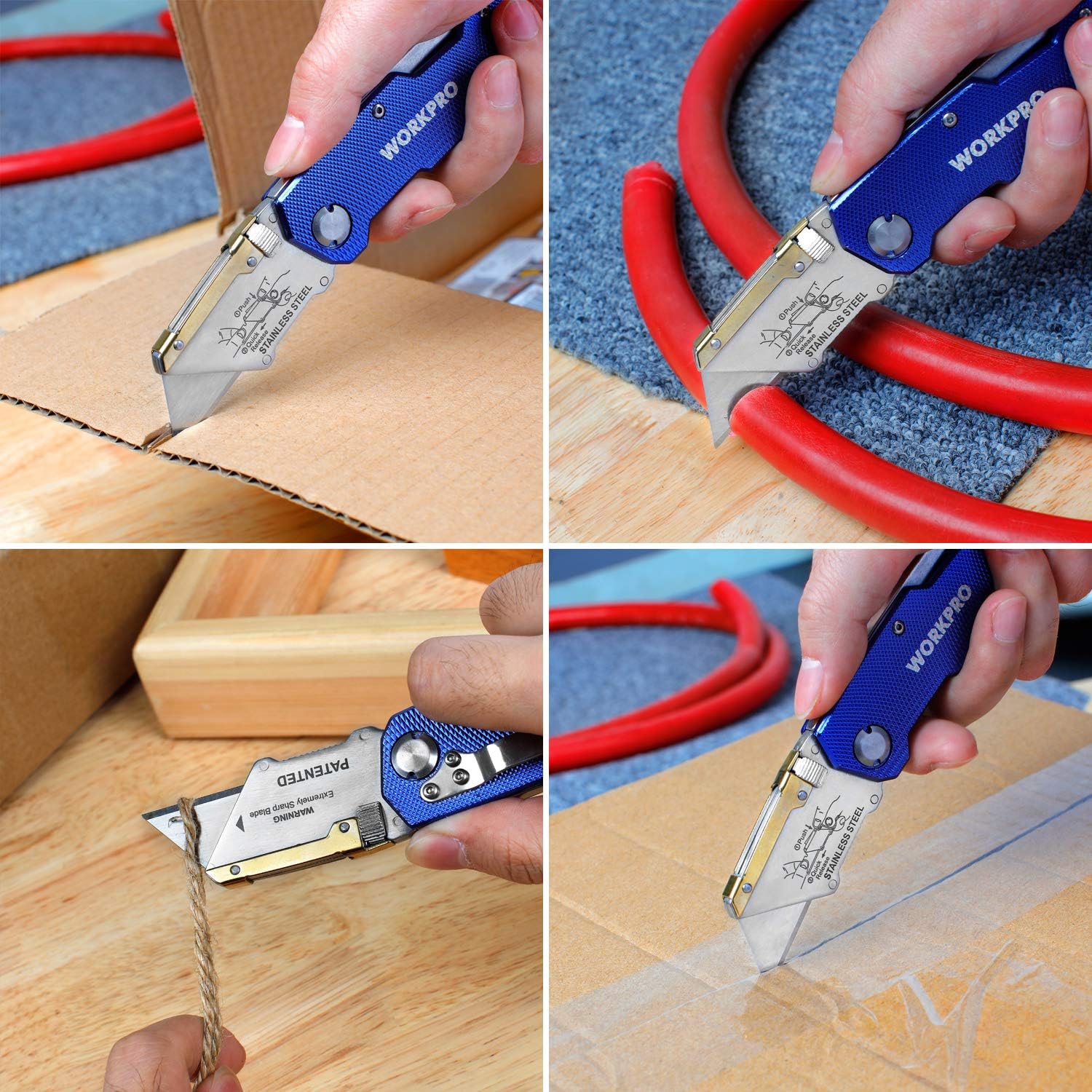 Folding utility knife with blue handle and retractable blade, shown in use