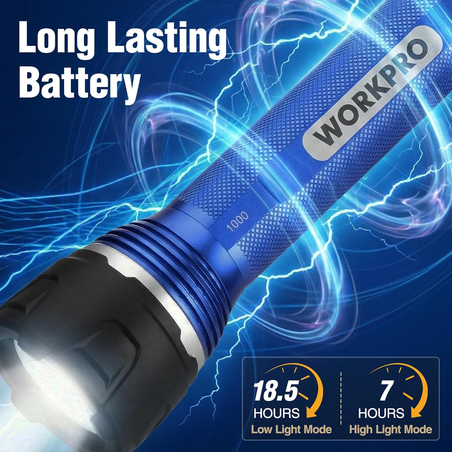 Blue handheld LED flashlight with ribbed grip, black head, long-lasting rechargeable design