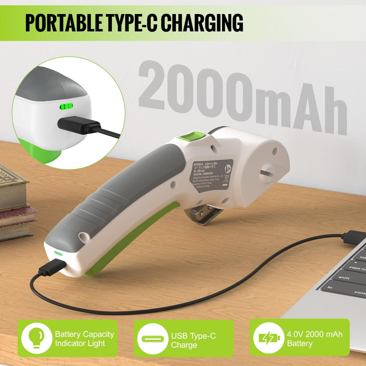 Cordless scissors charging via USB Type-C port, with green battery indicator lights