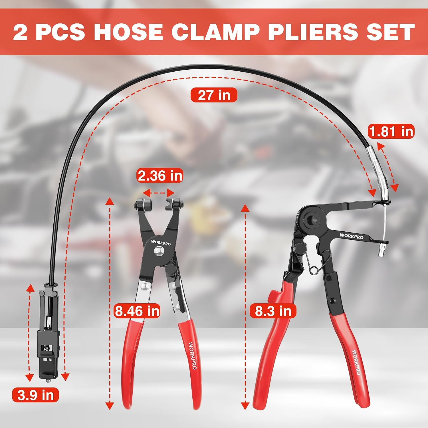 Two hose clamp pliers with red grips and black metal jaws laid out