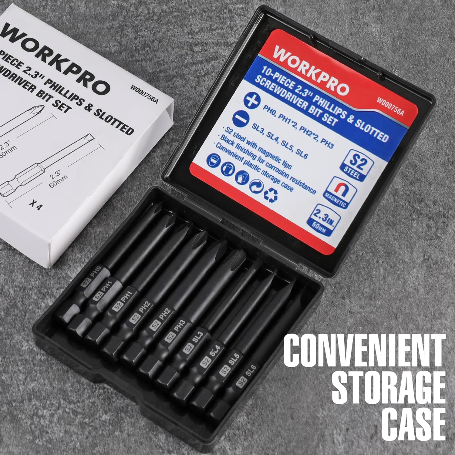 WORKPRO 10-piece Phillips and slotted screwdriver bit set with storage case