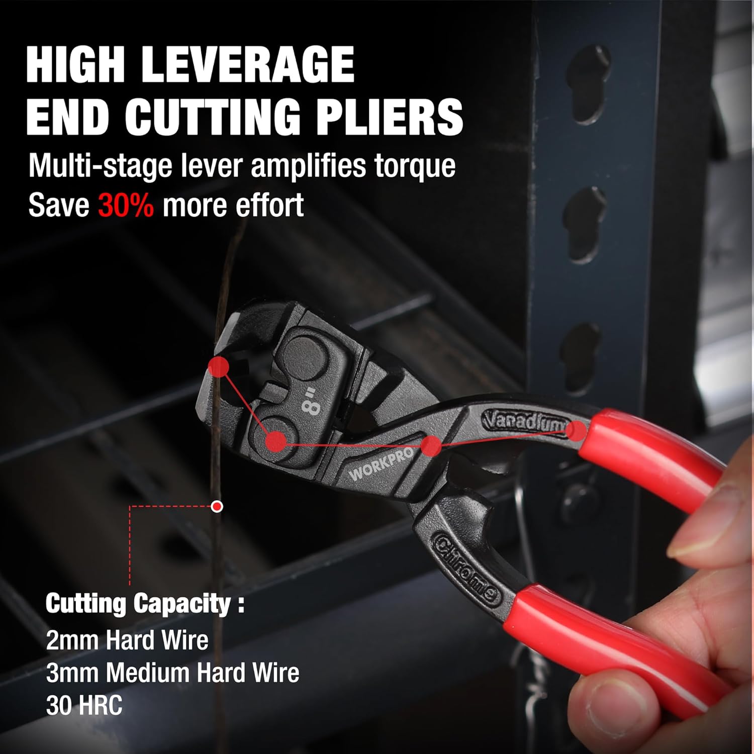 8-inch nail puller cutting pliers with black jaws and red ergonomic handles