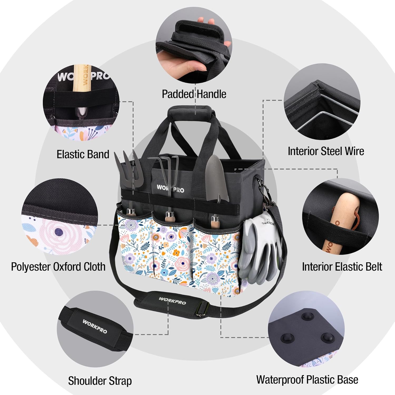 Gardening tool tote bag with padded handles, steel wire frame, elastic belt, waterproof base.