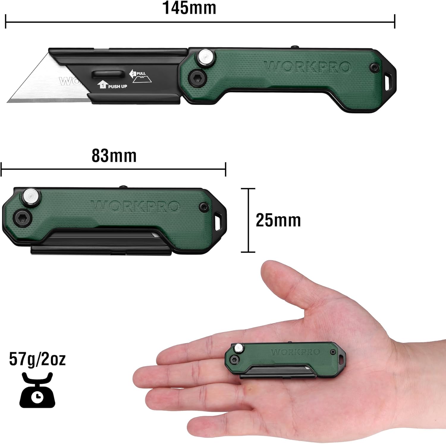 WORKPRO mini folding utility knife with green handle, extended blade and lock