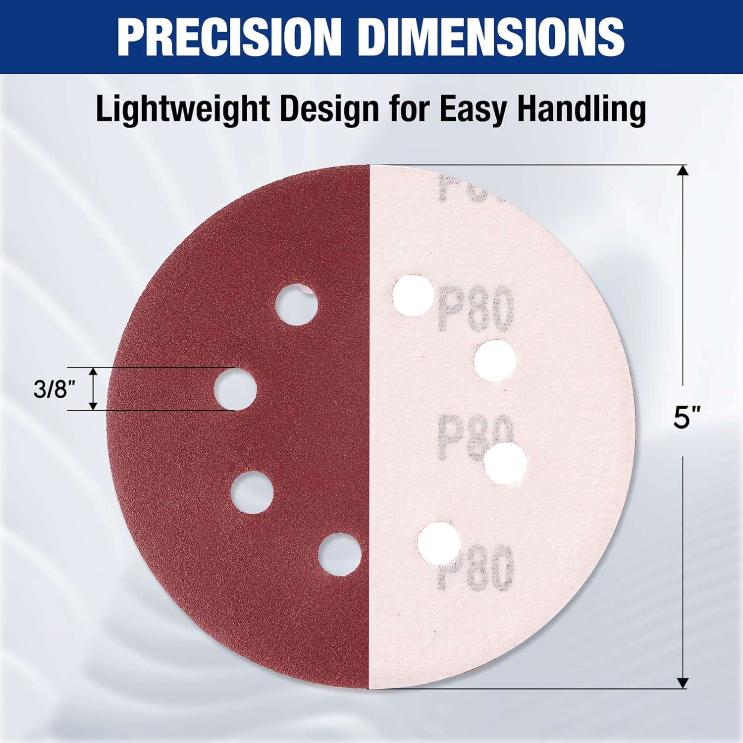 Round sanding disc with 8-hole pattern, dark red-brown top and light backing