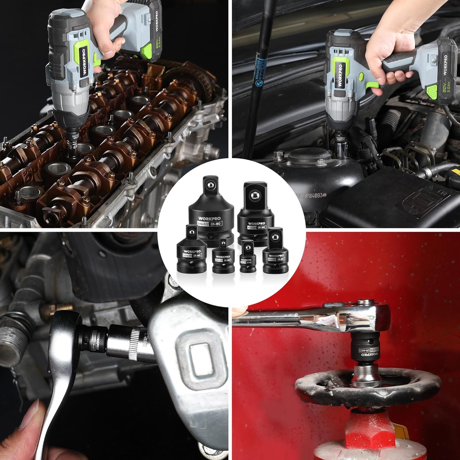 Impact adapter set used on engine components and sockets with a handheld impact wrench